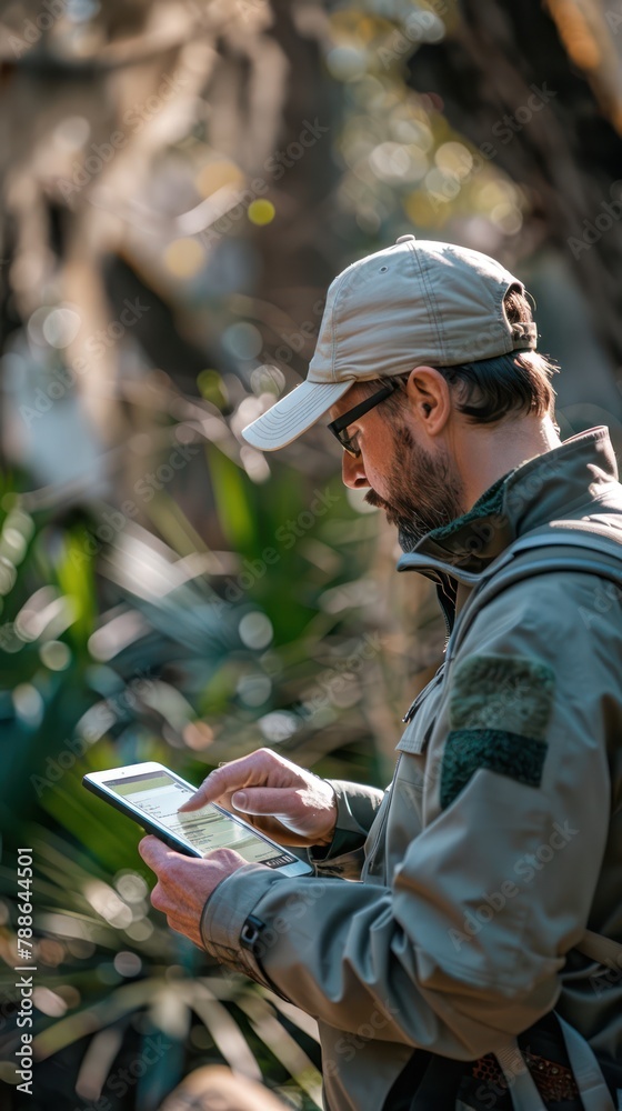 A park ranger using a rugged tablet to record wildlife sightings and habitat conditions, close-up on the device showing detailed entry forms