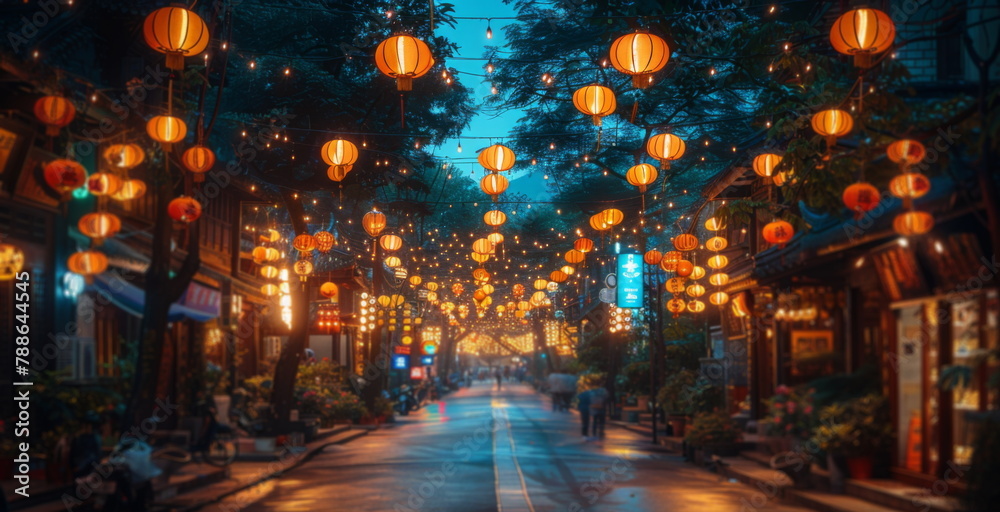 Naklejka premium City Street Adorned With Lanterns