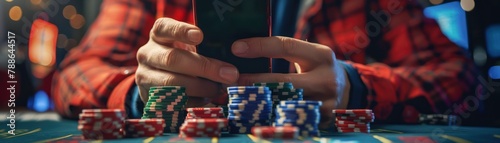 A player engaging with a live dealer poker game on a mobile device, focusing on the HD streaming quality and interactive, multi-angle views