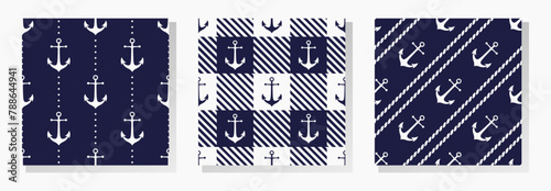 White anchors on dark blue background. Vector seamless patterns collection.