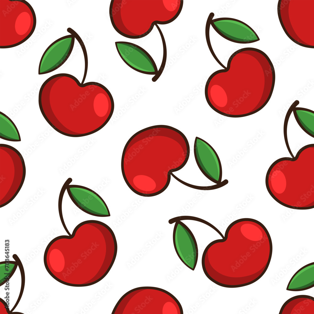 Cherry vector seamless pattern. Red berries with green leaves on white background. Cherry vector seamless pattern. Red berries with green leaves on white background.