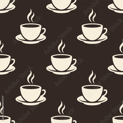 White coffee cups on brown background. Vector seamless pattern.