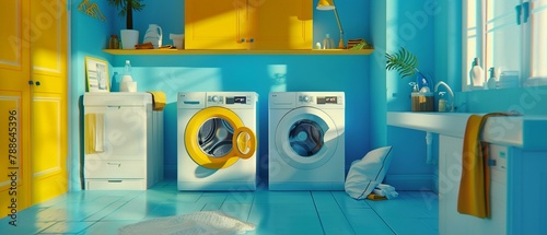 A clean and organized laundry room with a washer and dryer, The washer is turned on and the dryer is turned off, vibrant tone.
