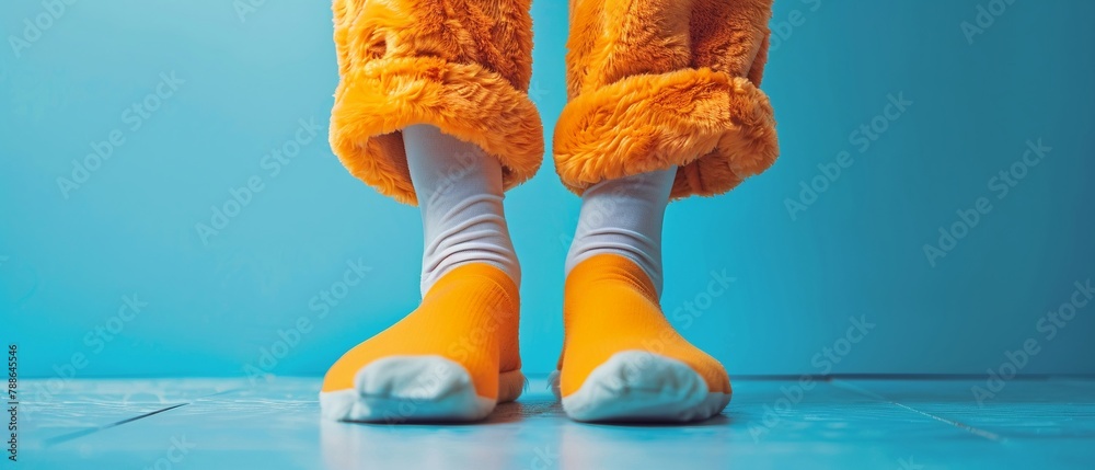 Close-up of a standing person wearing bright orange fuzzy socks and fluffy furry orange pants legs. - obrazy, fototapety, plakaty 
