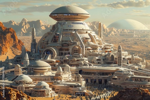 Space colony, domed city, Mars, utopian architecture, terraforming in progress