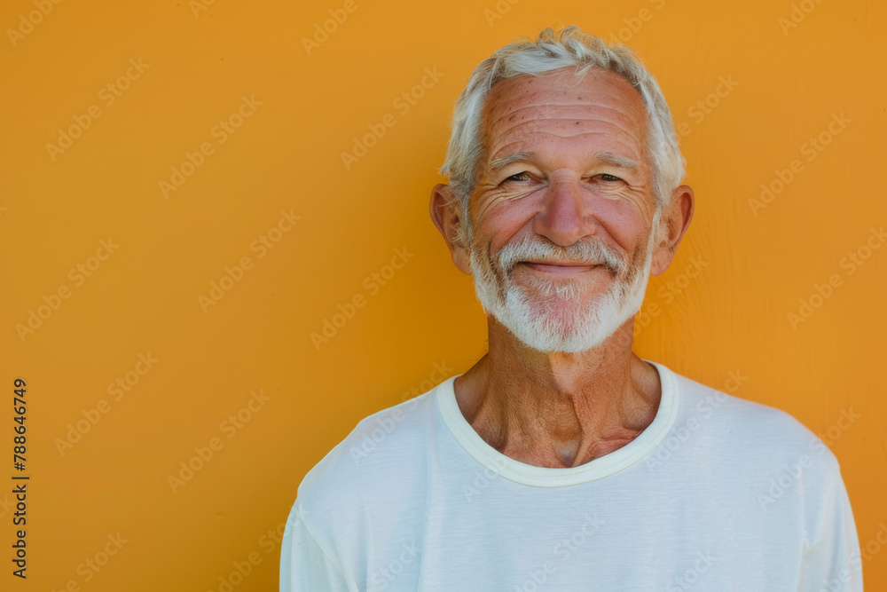 A man with gray hair and a beard is smiling in front of an orange wall A man with gray hair and a beard is smiling in front of an orange wall