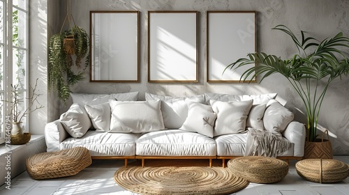 A mockup poster frame with a modern interior background, living room, Scandinavian style, a 3D render or 3D illustration.