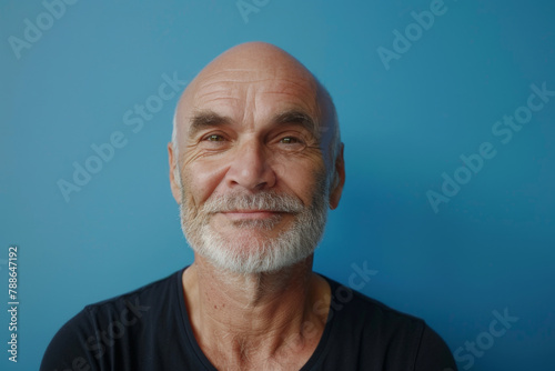 A bald man with a beard is smiling in front of a blue wall