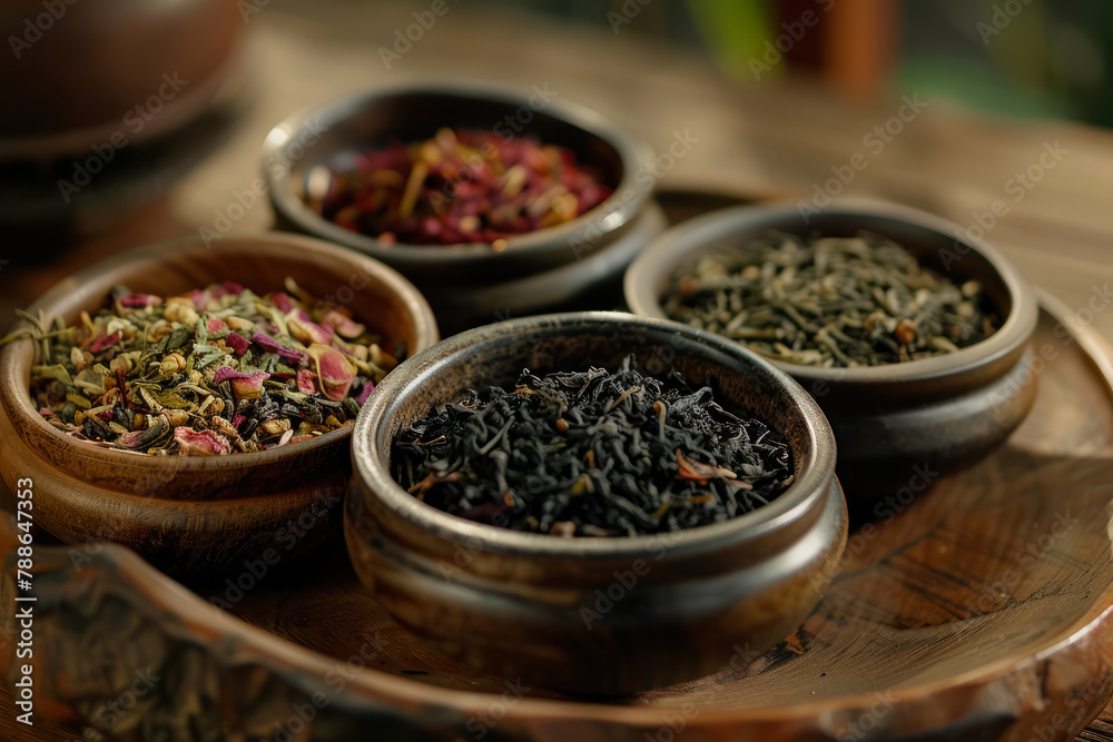 assorted tea leaves collection in wooden bowls on dark table assorted tea leaves collection in wooden bowls on dark table