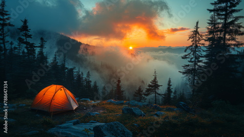 Tent Pitched on Mountain at Sunset