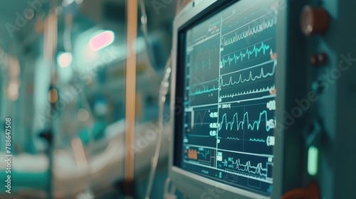 Close-up of a medical monitor displaying vital signs in an intensive care unit with blurred background.