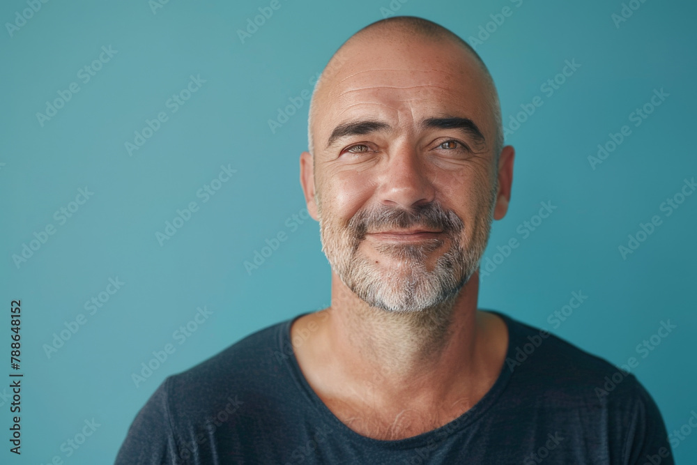 A man with a shaved head and a beard smiles for the camera A man with a shaved head and a beard smiles for the camera