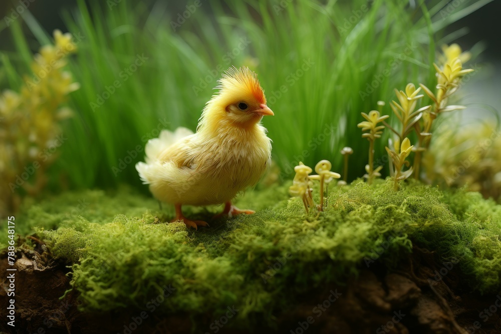Obraz premium Gentle Little chicken green grass. Farm bird. Generate Ai
