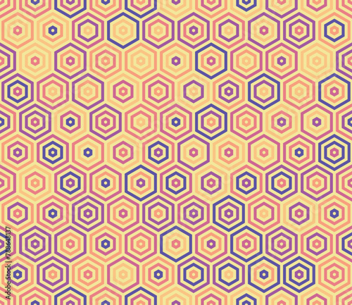 Honeycomb Background. Stacked hexagon bold mosaic cell. Hexagonal shapes. Multiple tones color palette. Seamless pattern. Tileable vector illustration.