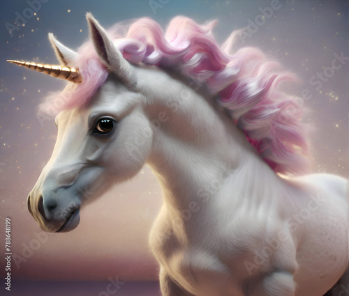 cute Unicorn baby with pink mane posing against beautiful lighten background . close up portrait. Digital artwork. Ai generated