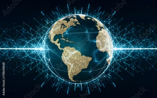 Digital world globe centered on USA  concept of global network and connectivity on Earth  data transfer and cyber technology  information exchange and international telecommunication  stock photo
