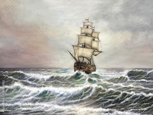 Paintings sea landscape, sailing ship in the sea, fine art, artwork