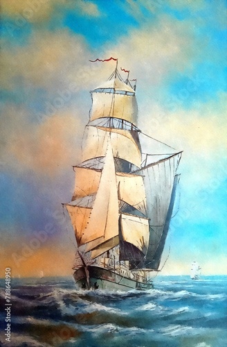 Watercolor paintings sea landscape, sailing ship in the sea, fine art, artwork