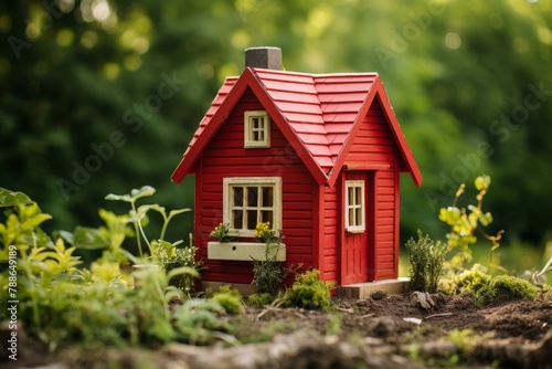 Quaint Small red wooden house in sun light. Country view tourism swedish rustic style. Generate Ai
