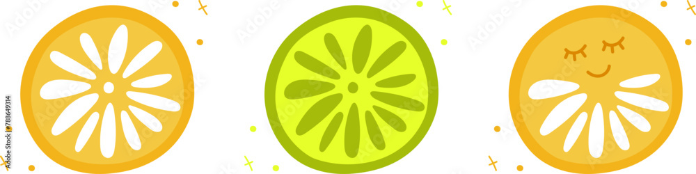 Set of orange, lime slice isolated on white. Vector illustration in doodle style. Cute flat style. Orange with kawaii eyes.Funny hand draw fruit piece. Orange, yellow and green colors. Set of orange, lime slice isolated on white. Vector illustration in doodle style. Cute flat style. Orange with kawaii eyes.Funny hand draw fruit piece. Orange, yellow and green colors.