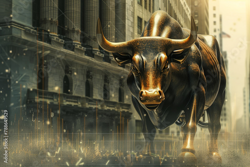 A bull statue stands in front of a chart with a lot of red and yellow lines photo