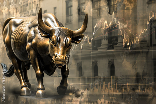 A bull statue is in front of a building with a graph of stock prices