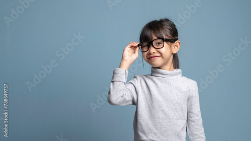 A little girl is wearing nearsighted glasses and smiles.
