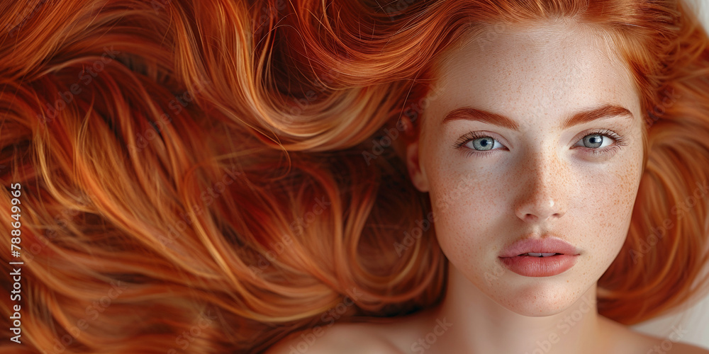 A captivating beauty portrait of a young redhead woman exuding glamour with radiant skin and style. A captivating beauty portrait of a young redhead woman exuding glamour with radiant skin and style.