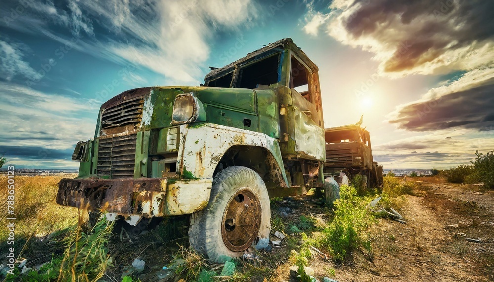 Old wrecked white and green truck. Abandoned rusty military truck. Decayed abandoned truck. Tragedy and loss. Financial crunch and economic recession concept. Old decayed lorries.