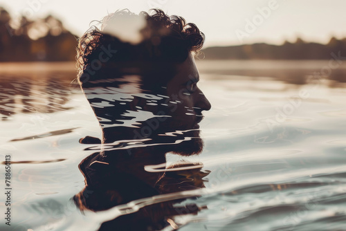 A woman's face is reflected in the water, creating a distorted and dreamy effect