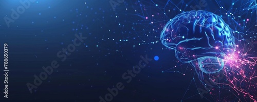 Digital brain with glowing lines and abstract shapes on dark blue background AI concept for technology design or digital business presentation Generative AI