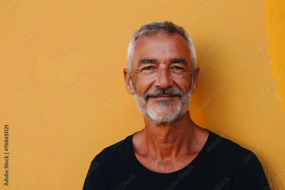 A man with a beard is smiling in front of a yellow wall A man with a beard is smiling in front of a yellow wall
