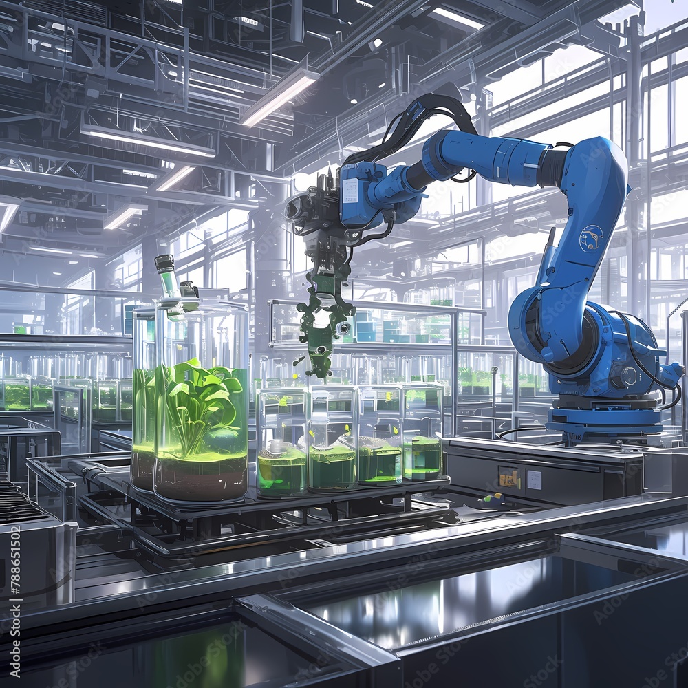 A state-of-the-art biotech farm equipped with advanced robotics ...