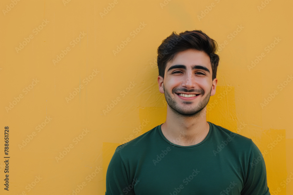 A man in a green shirt is smiling in front of a yellow wall A man in a green shirt is smiling in front of a yellow wall