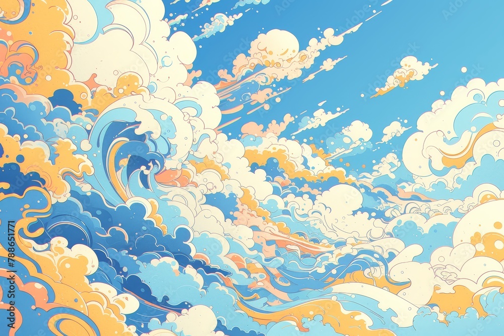 A colorful cartoon illustration of waves and clouds in the sky, psychedelic, surrealism