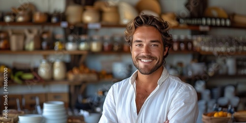 Handsome man standing confidently in a successful modern cafe, smiling. photo