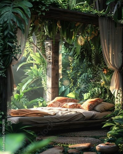 Dreamy Jungle Slumber Imagine falling asleep in a junglethemed room, surrounded by lush greenery and the gentle sounds of wildlife, creating a peaceful and tranquil atmosphere 8K , high-resolution, ul photo