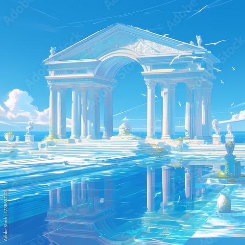 Historic Greek Ruin with Grecian Gods, Floating in a Dreamlike Ocean