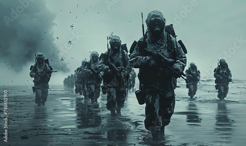 Soldiers walking on the beach.