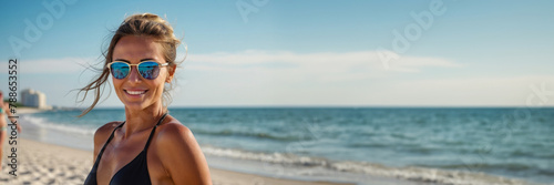 Young beautiful girl smiling in swimsuit sunglasses on the beach. Concept, vacation, template, copy space, banner,