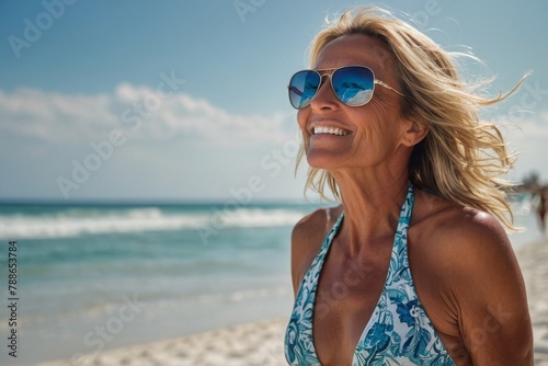 Middle aged beautiful girl smiling in swimsuit sunglasses on the beach. Concept, vacation, template, copy space, banner, photo