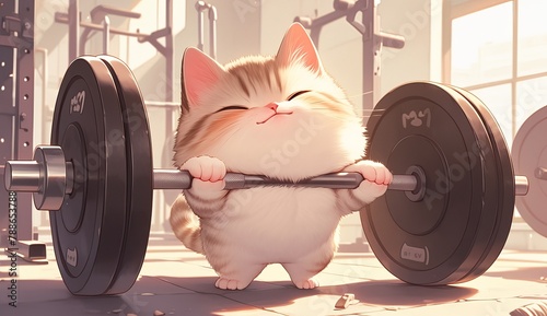A cute kitten lifting weights at the gym
