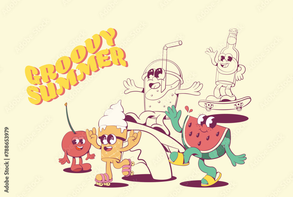 Retro groovy summer mascot characters