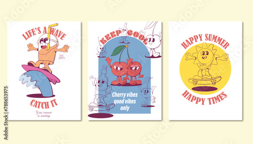 Retro groovy summer mascot characters