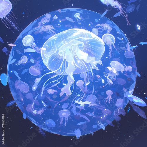 A mesmerizing display of ethereal jellyfish gracefully swimming through the cosmos, their glow illuminating the darkness with an enchanting ballet. photo