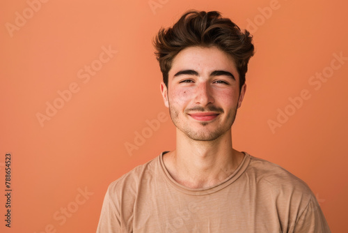 A young man with a beard is smiling with his eyes closed