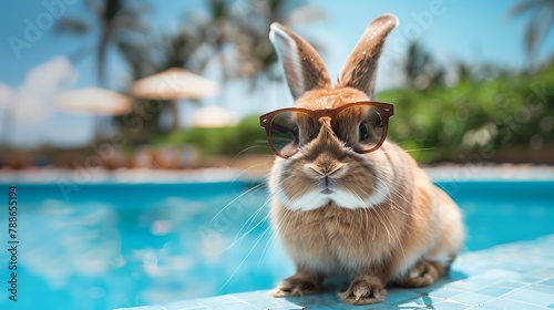 cute bunny rabbit by the pool for summer in googles