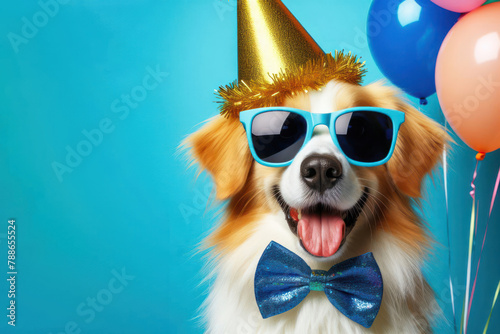 dog in party hat and sunglasses on blue background