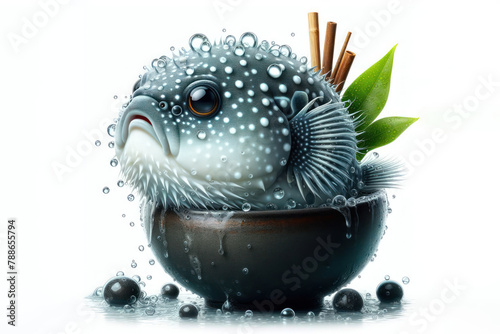 fugu fish with water drops isolated on a white background