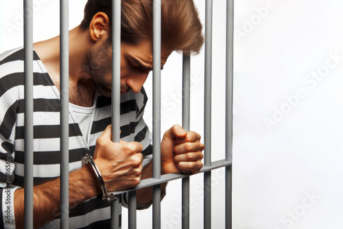Man in prison, desperate criminal holding jail bars feeling regret for committing crime photo